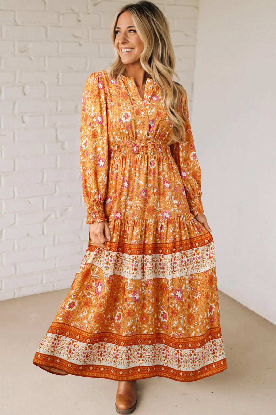 Orange Bohemian Floral Print Smocked Waist Long Sleeve Maxi Dress