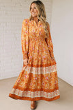 Orange Bohemian Floral Print Smocked Waist Long Sleeve Maxi Dress