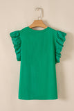 Green Ruffled Eyelet Sleeve Crew Neck Blouse