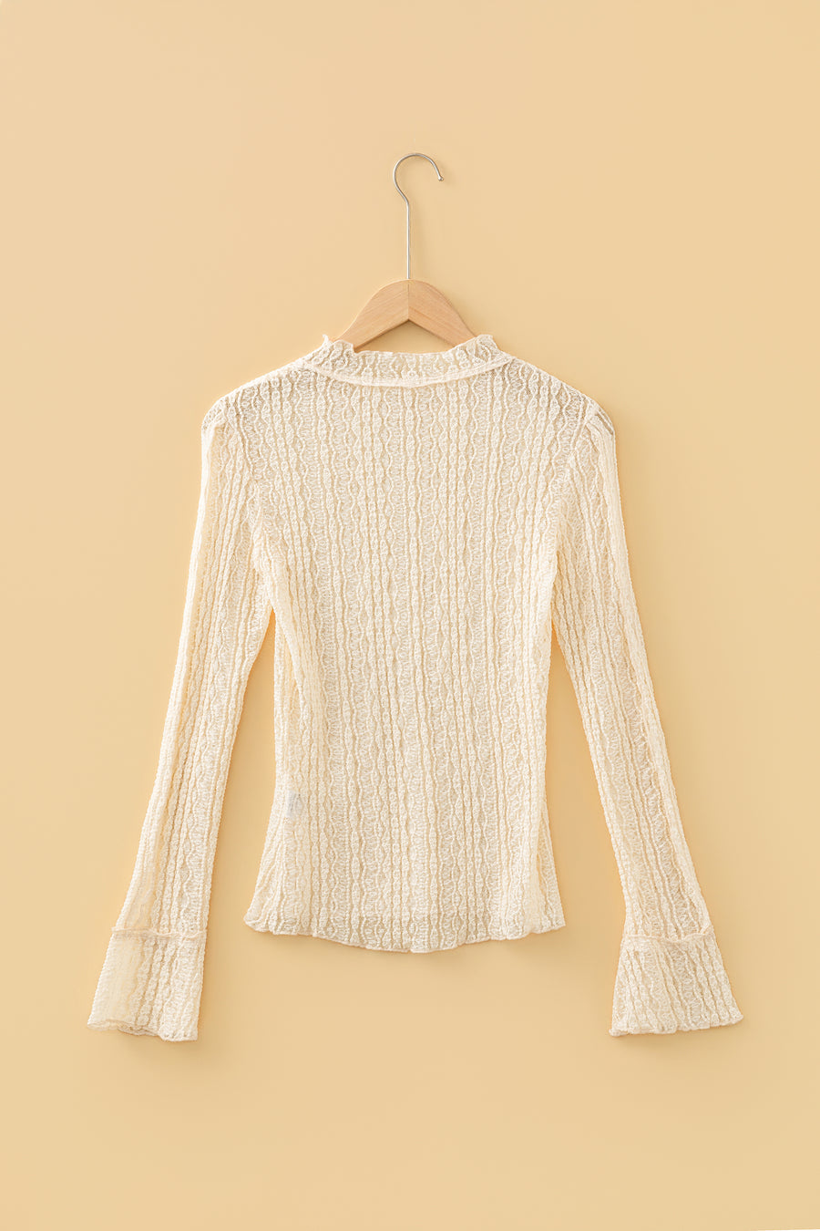 Light Pink Flounced Long Sleeve Mock Neck Sheer Lace Top