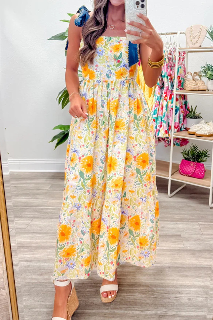 *Backorder* Floral Print Denim Straps High Waist Maxi Dress