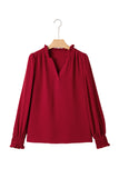 Burgundy Notched Neck Shirred Cuffs Long Sleeve Blouse