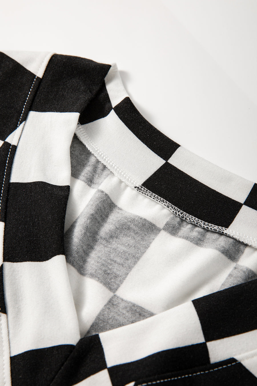 Black Checkered Print V Neck Pocketed Pajama Set
