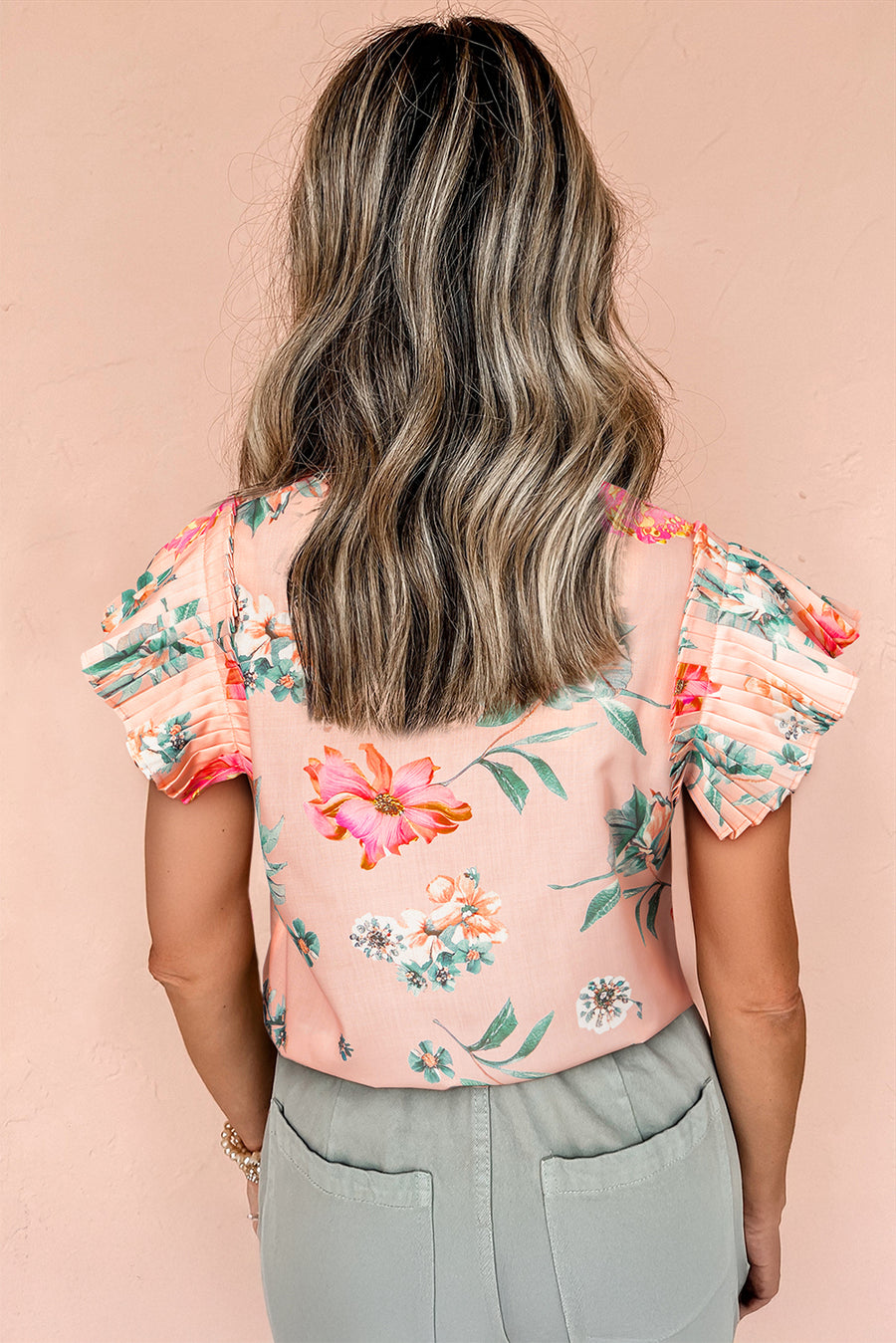 Apricot Floral Frill V-Neck Pleated Short Sleeve Blouse