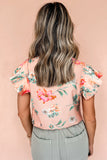 Apricot Floral Frill V-Neck Pleated Short Sleeve Blouse