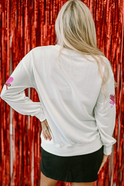 White Sequin Bow Heart Lollipop Drop Shoulder Crew Neck Sweatshirt