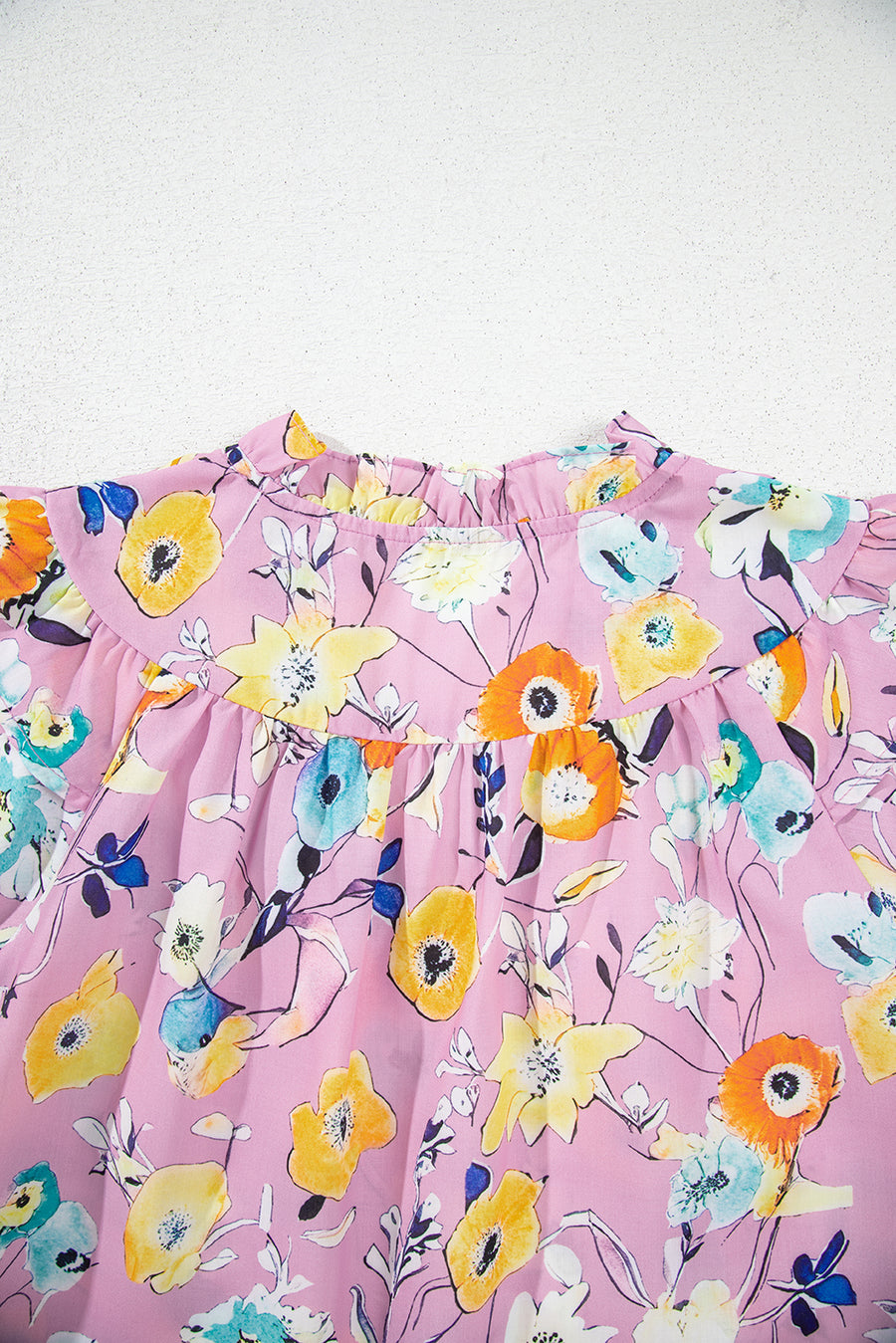 Pink Flutter Sleeve Frill V Neck Floral Top