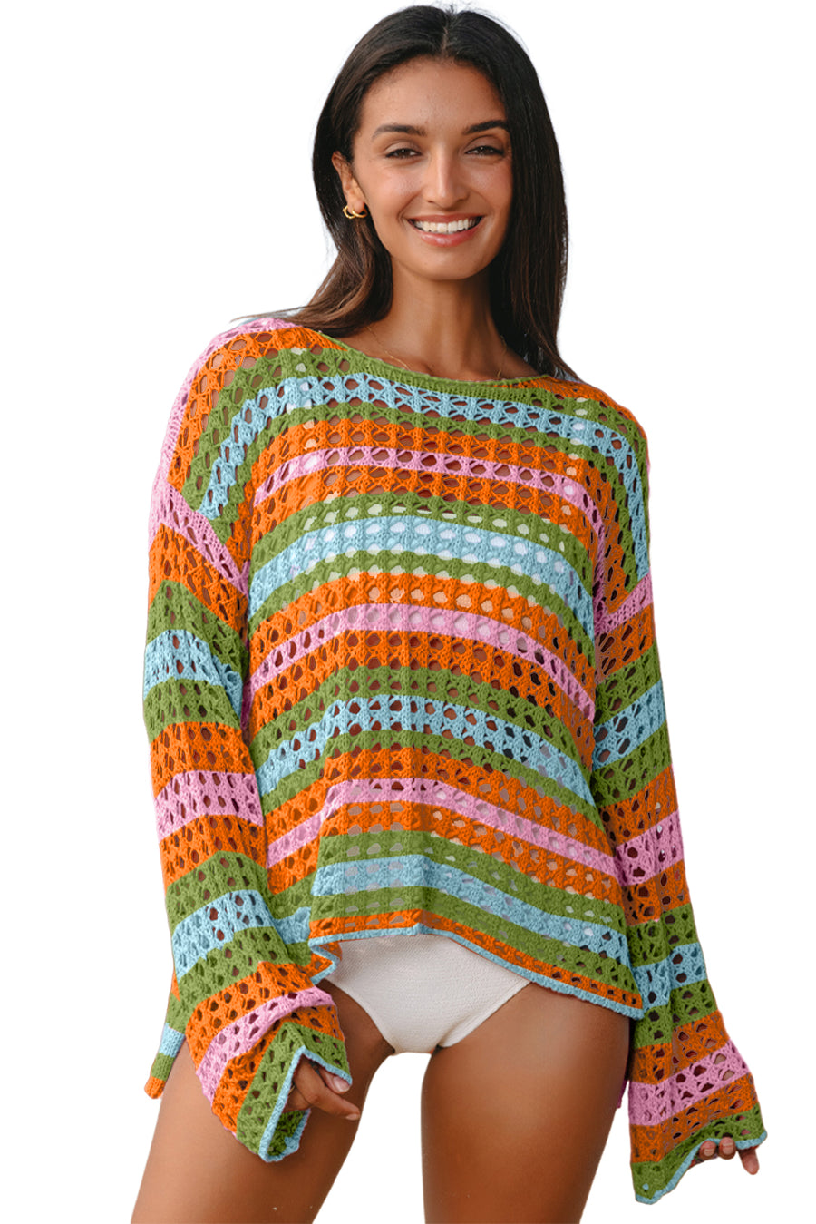Openwork Side Slit Crew Neck Striped Cover-Up B- 2 Colors