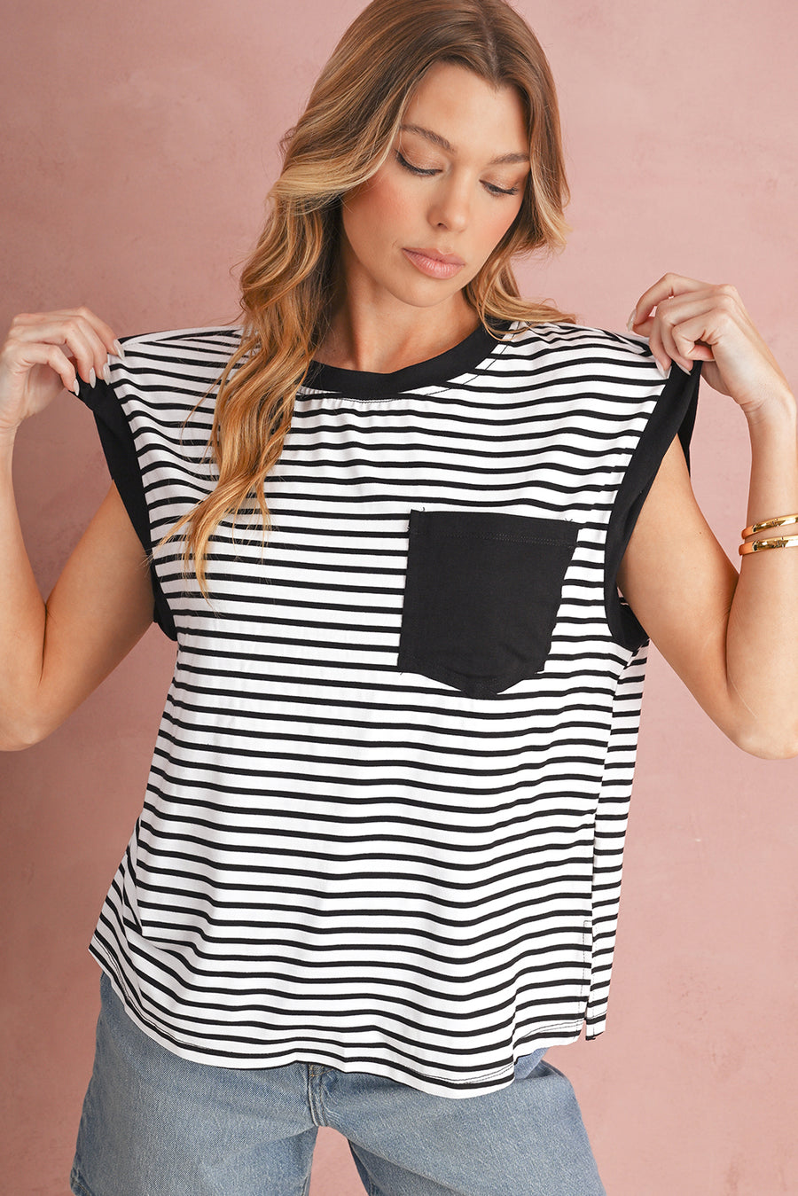 Striped Chest Pocket Crew Neck Muscle Tee- 2 Colors