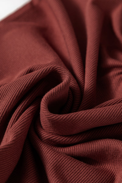 Burgundy Ruched Sweetheart Neck Ribbed Long Sleeve Top