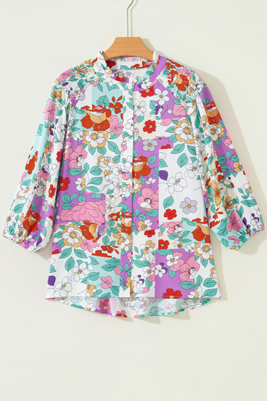 Multicolored Floral Frilly Neckline Long Sleeve Button-Up Blouse