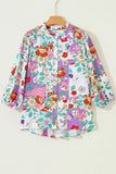 Multicolored Floral Frilly Neckline Long Sleeve Button-Up Blouse