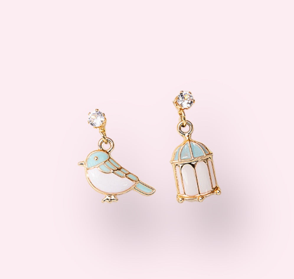 Bird and Cage Drop Post Earrings