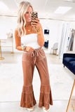 Straw Yellow Velvet Mineral Wash Tiered Flare Leg Pants