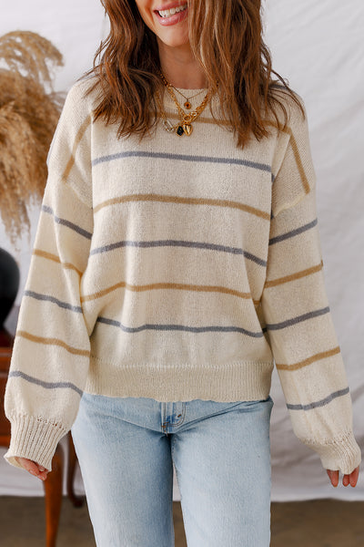 Brown Striped Ribbed Edge Drop Shoulder Sweater