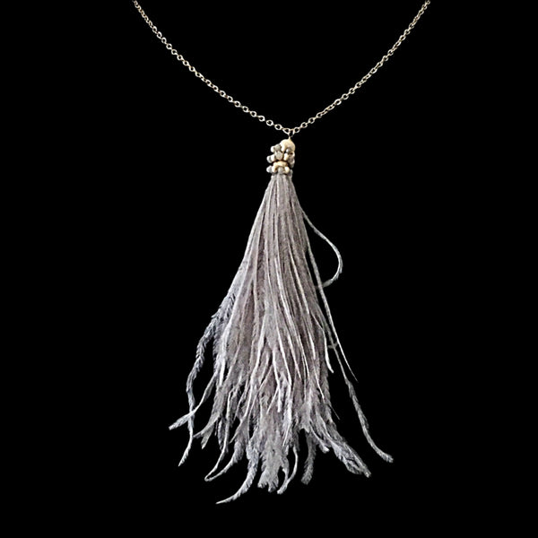 Gold Tone Feather Pendant Necklace- Gray