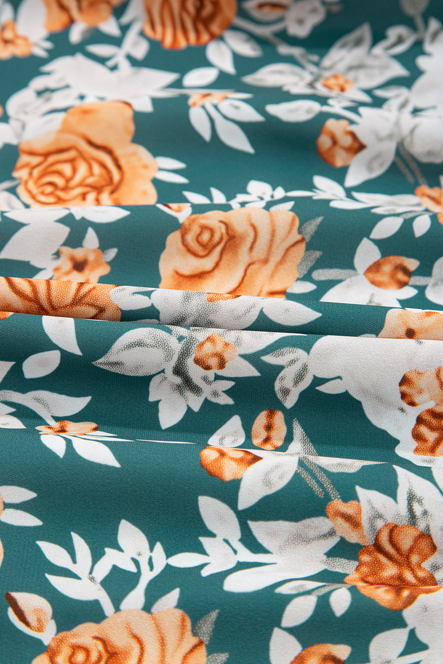 Green and Orange Floral Print V-Neck Sleeveless Midi Dress