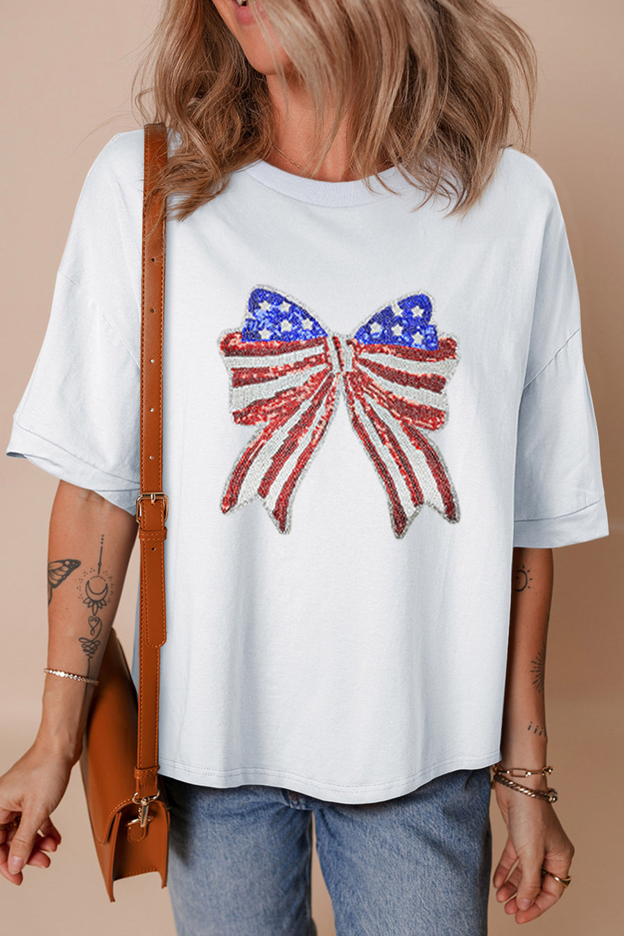 White American Sequin Bow Oversized Graphic T-Shirt