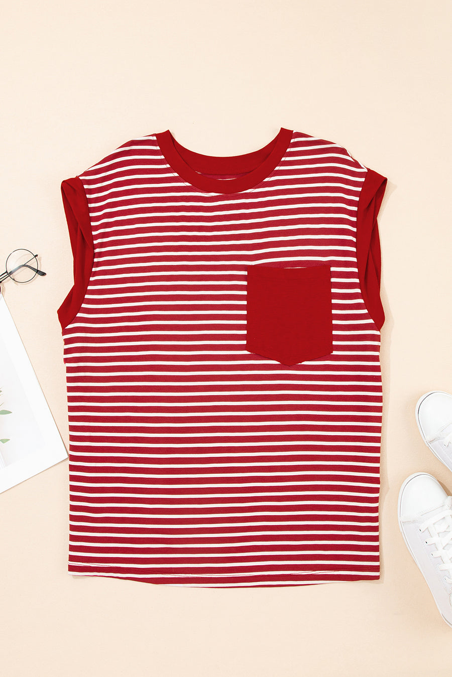 Striped Chest Pocket Crew Neck Muscle Tee- 2 Colors