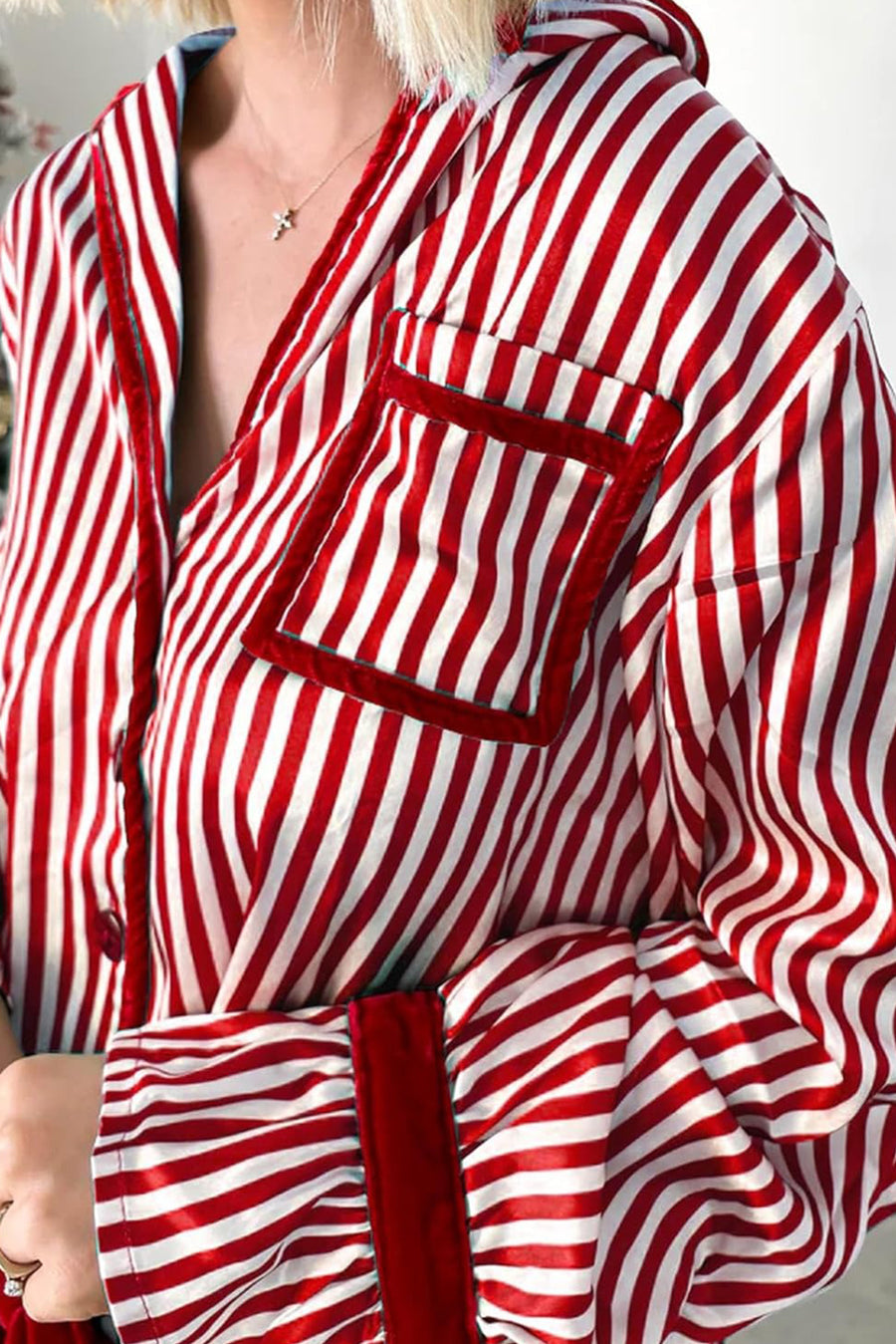 Red Striped Velvet Trim Long Sleeve Button-Up Top and Pants Pajama Set