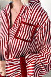 Red Striped Velvet Trim Long Sleeve Button-Up Top and Pants Pajama Set