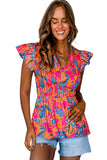 Neon Pink Floral Frill V-Neck Smocked Peplum Blouse