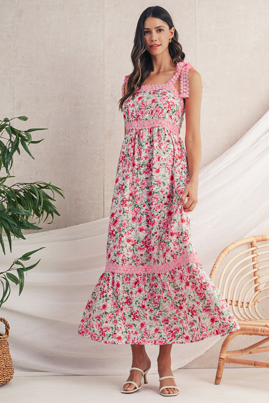 Floral Lace Tied Strap Empire Waist Maxi Dress- 2 Colors
