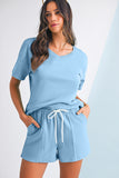 V-Neck Drop Shoulder T-Shirt and Patchwork Shorts Set- 3 Colors