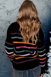 Multicolored Striped Ribbed Trim Crew Neck Sweater- 2 Colors