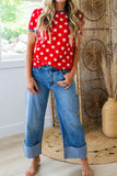 Red and White Star Print Contrast Trim T-Shirt