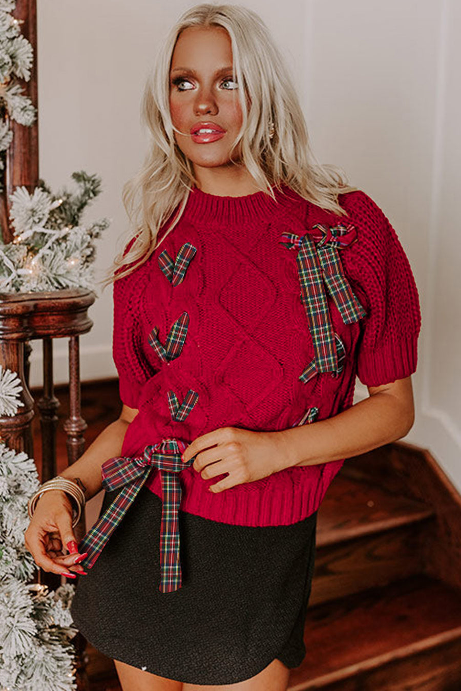 Plaid Lace-Up Puff Short Sleeve Sweater- 2 Colors