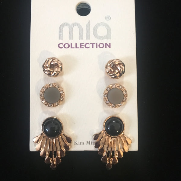 Gold Tone Earring Trio- Black & Gray