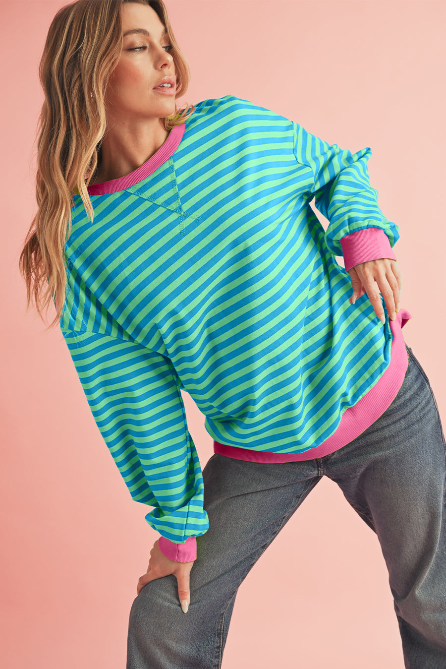 Striped Contrast Trim Oversized Sweatshirt- 4 Colors