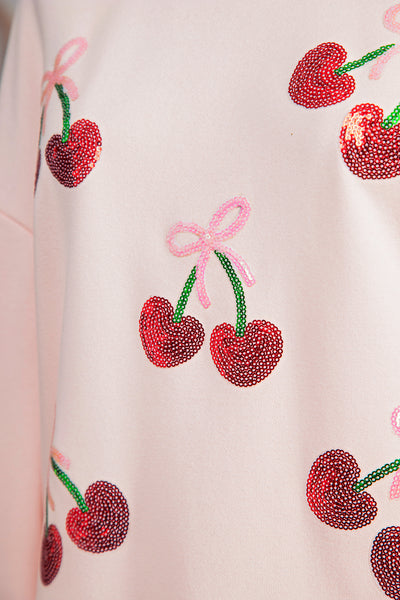 Apricot Pink Sequin Bow Cherry Patched Mock Neck Baggy Sweatshirt