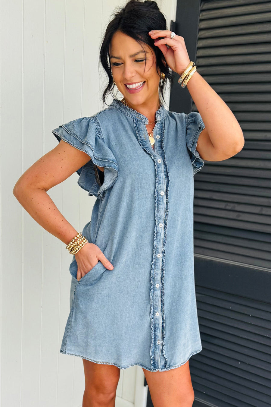 Frill Neck Button-Up Ruffled Short Sleeve Denim Mini Dress- 2 Colors