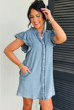 Frill Neck Button-Up Ruffled Short Sleeve Denim Mini Dress- 2 Colors
