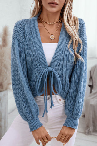 Dusk Blue Solid Color Lace Up V Neck Knit Cardigan