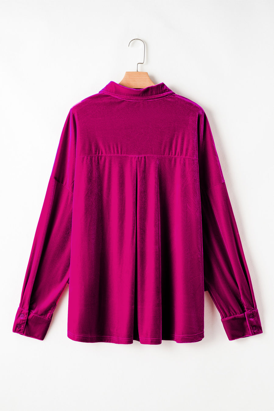 Plus Size Bright Pink Velvet Chest Pocket Drop Shoulder Shirt