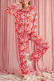 Pink All Over Bow Print Long Sleeve Button-Up Top and Pants Pajama Set