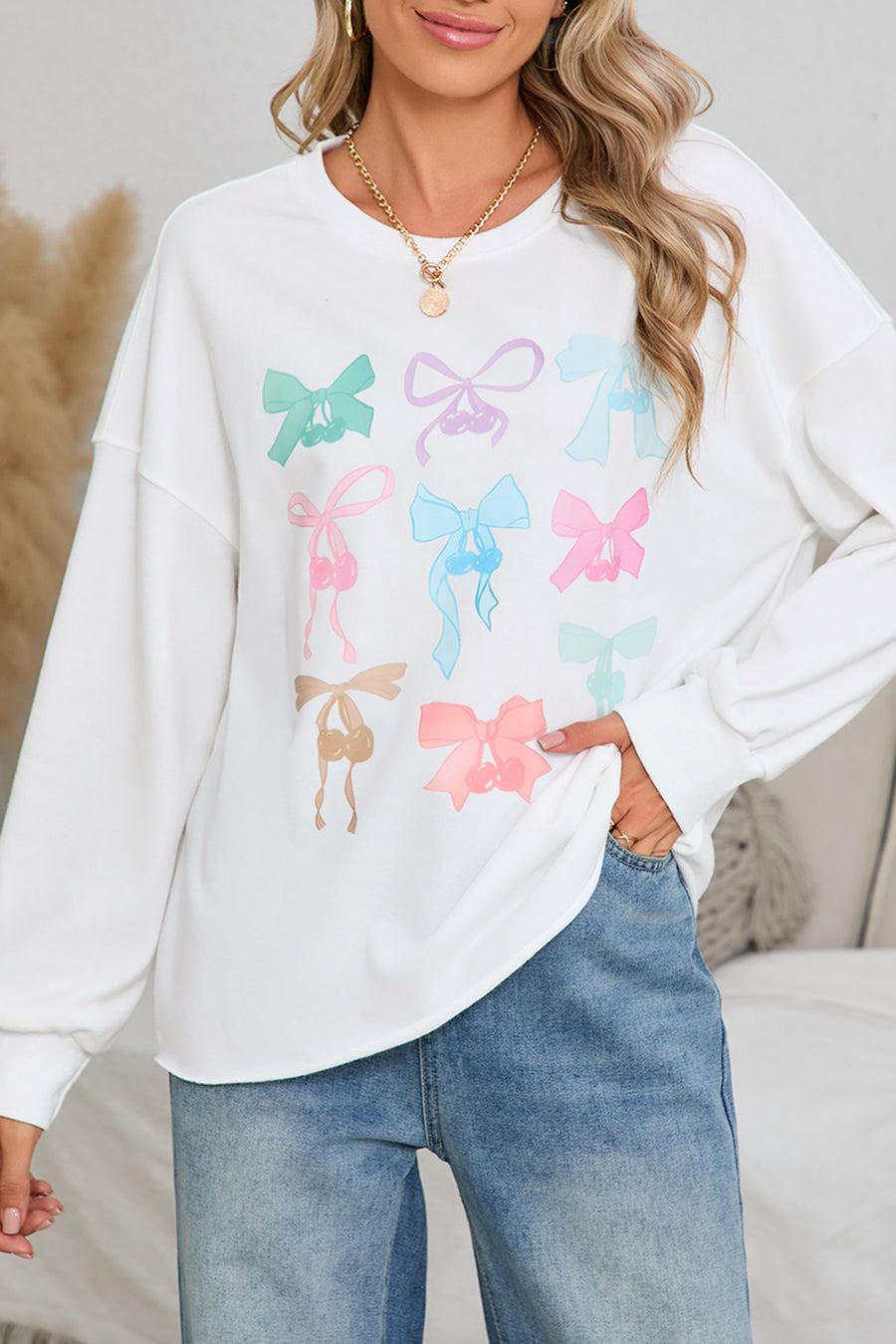 White & Pastel Bows Loose Fit Drop Sleeve Sweatshirt