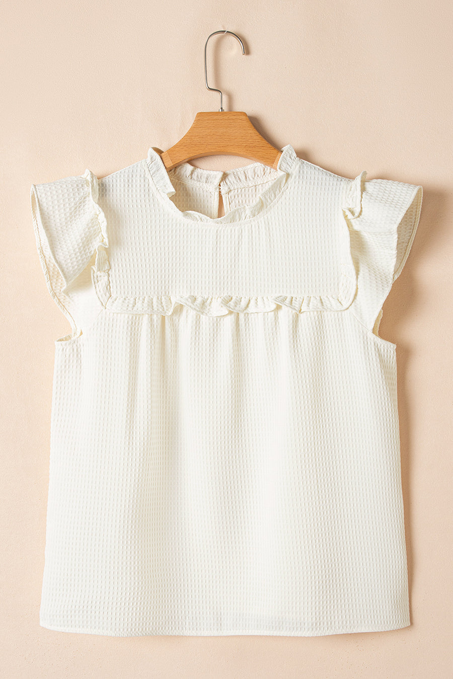 White Ruffle Trim Waffle Textured Short Sleeve Blouse