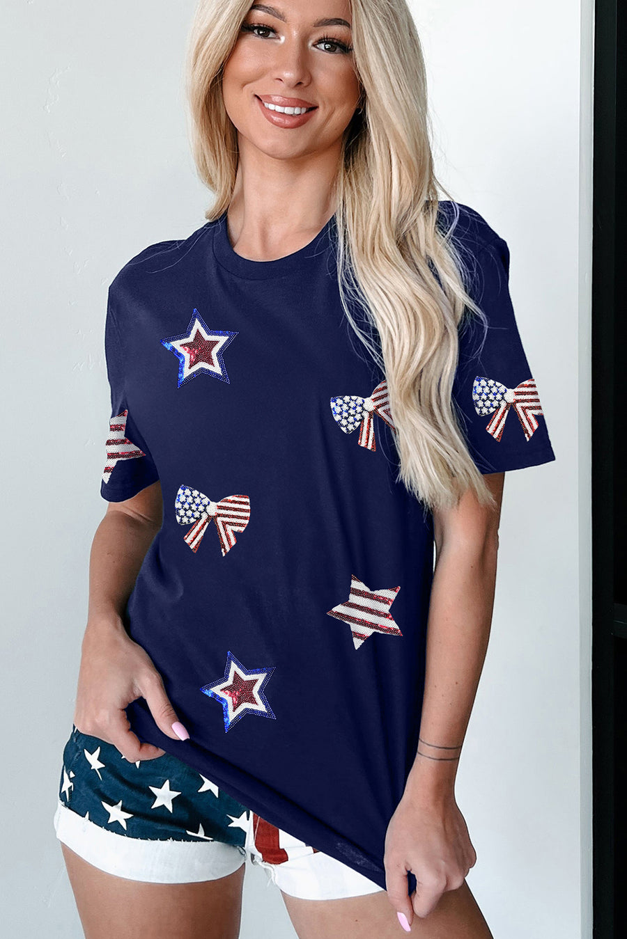 Navy Blue American Flag Bows and Stars Sequin Patches T-Shirt
