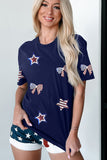 Navy Blue American Flag Bows and Stars Sequin Patches T-Shirt