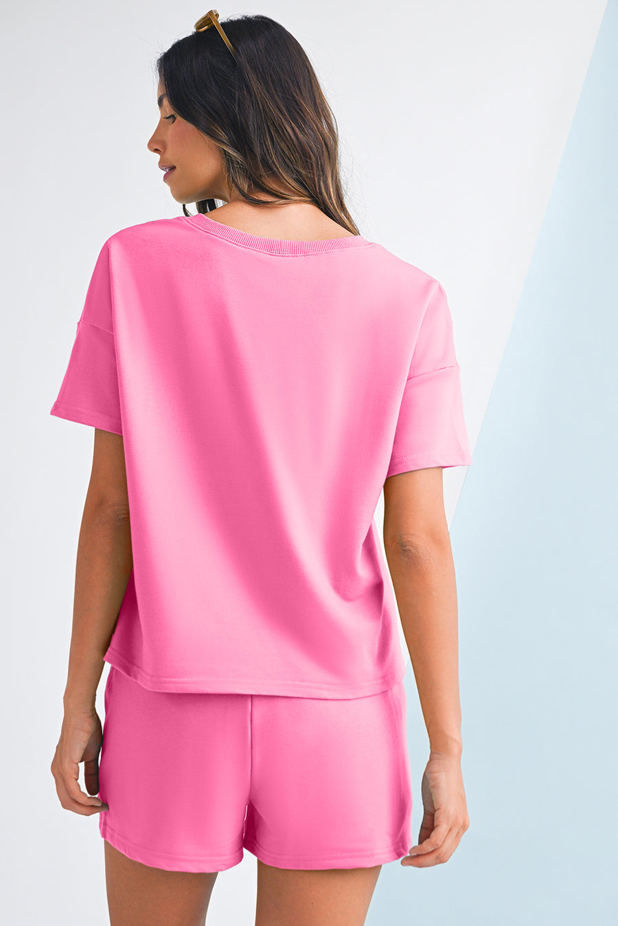 V-Neck Drop Shoulder T-Shirt and Patchwork Shorts Set- 3 Colors