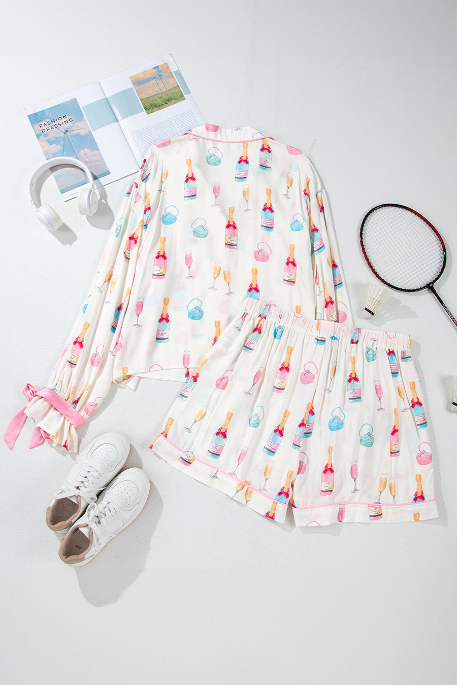 Plus Size White Wine & Heart Print Bow Decor Pajama Set