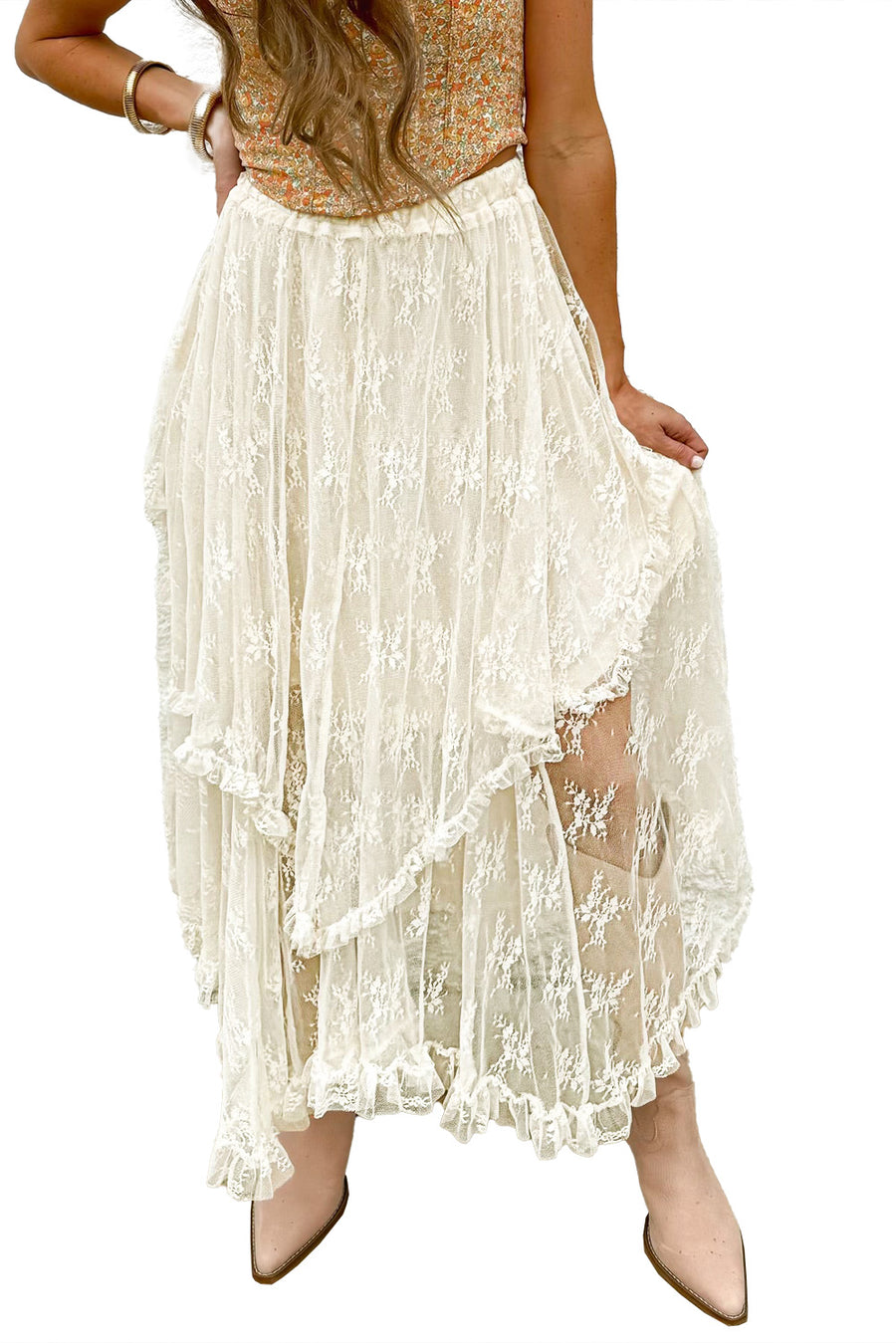 Beige Lace Cascading Tiered High-Waist Maxi Skirt