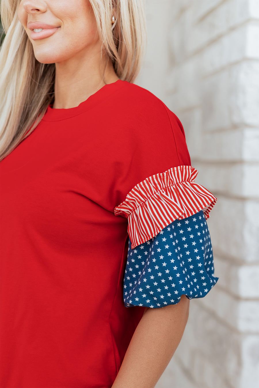 Stars and Stripes Contrast Puff Sleeve Top- 2 Colors