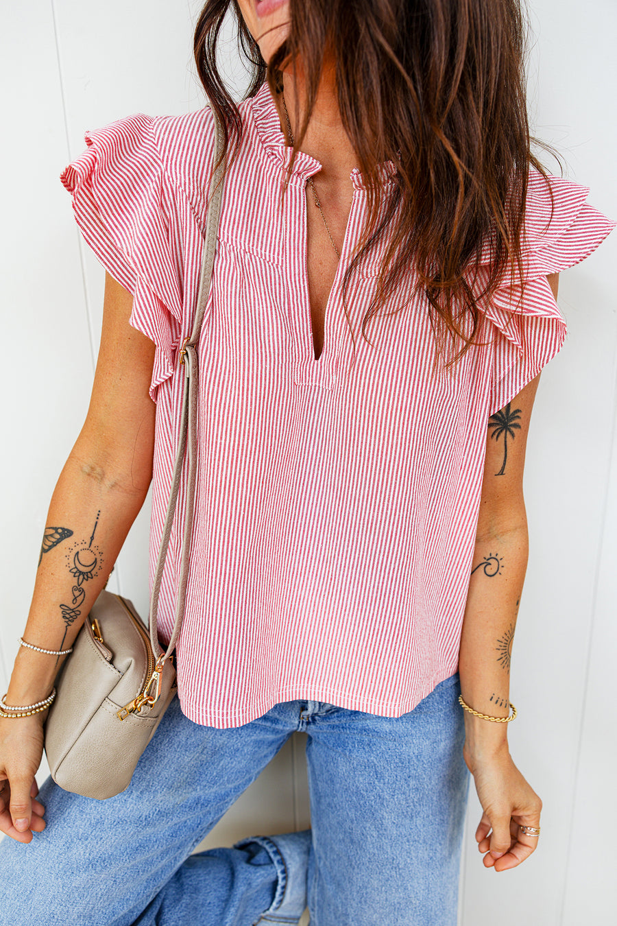 Red Striped Frilled V-Neck Double Ruffled Short Sleeve Blouse