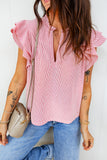 Red Striped Frilled V-Neck Double Ruffled Short Sleeve Blouse
