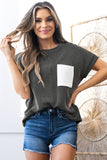 Twist Ribbed Color Block Pocket Crew Neck T-Shirt- 4 Colors